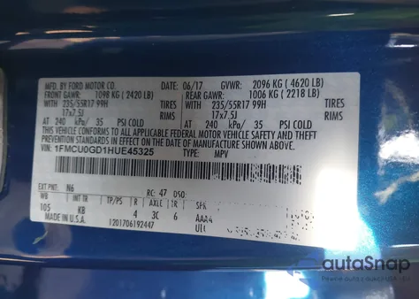 2017 Ford Escape Se from USA, damaged, VIN 1FMCU0GD1HUE45325